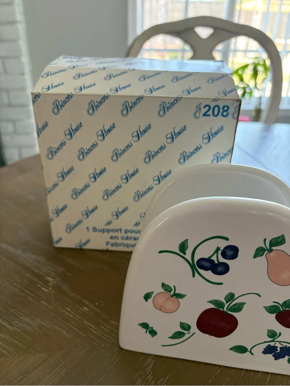 Princess House White Ceramic Napkin Holder with Fruit Motif